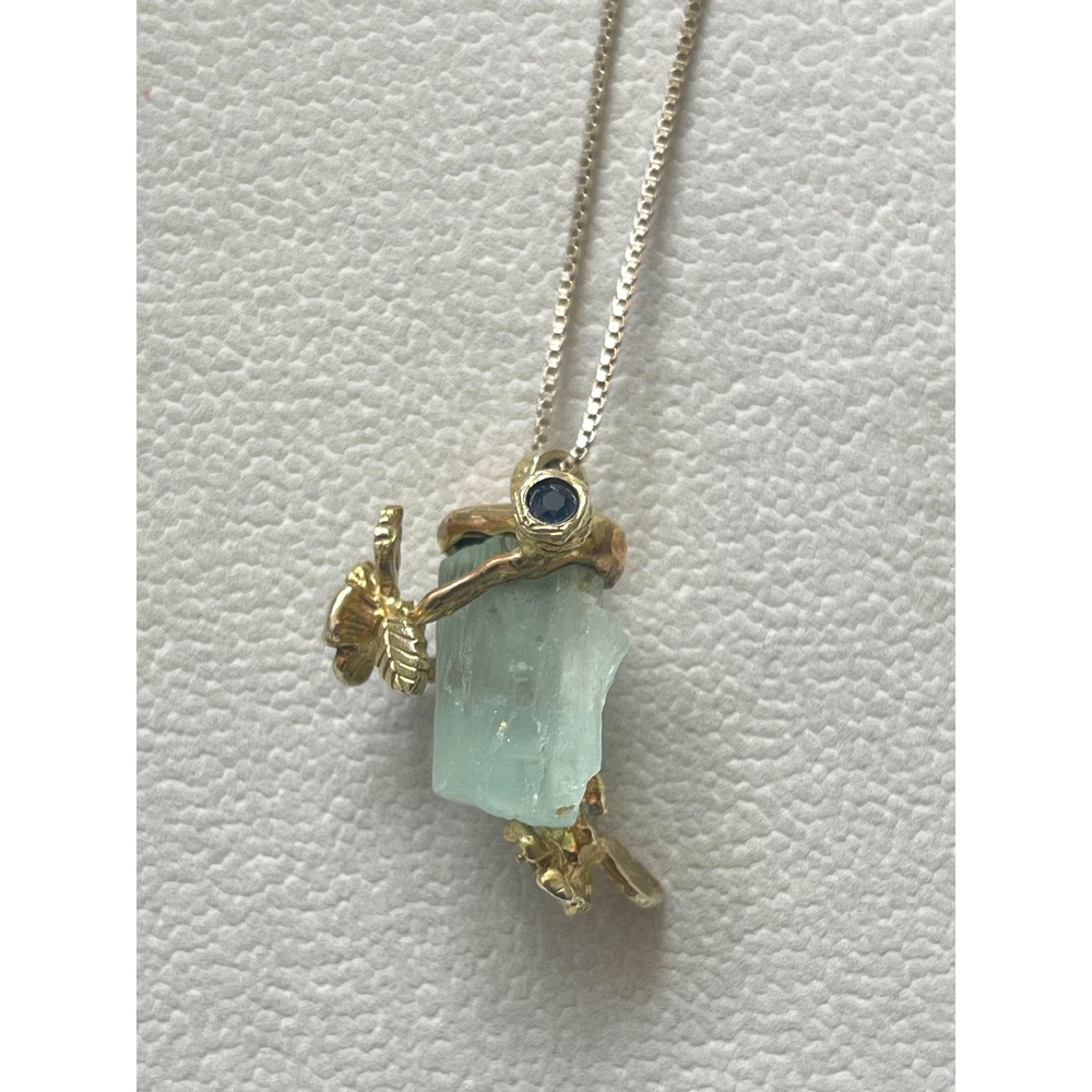 Aquamarine Pendant Necklace Sterling Silver 925 Gold Vermeil Leaf Branch 17" - Picture 6 of 10